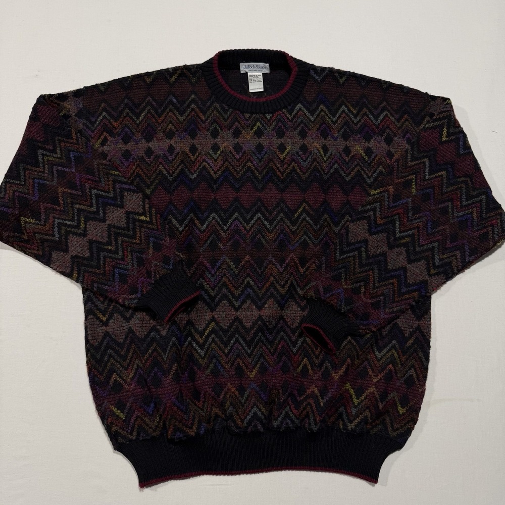 Vintage Bullock & Jones Mens L Wool Sweater Made in Italy Chevron Flame Stitch